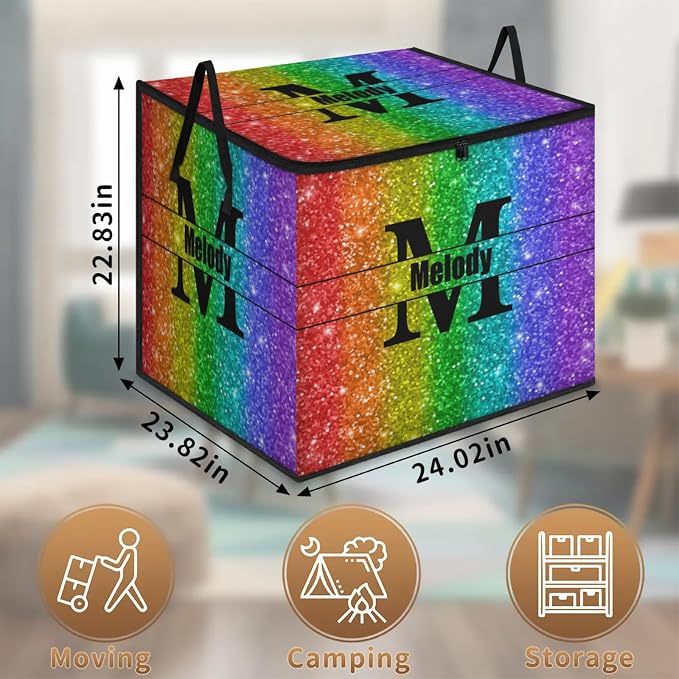 Custom Comforters Storage Basket with Lid, Personalized Name Large Organizer Bin for Clothes, Perfect for Rooms, Deep Colorful Sequins Red Green Blue Purple with Initial Letter