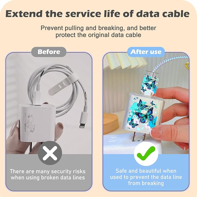 Cute Cable Protector for iPhone Apple Charger,Pretty Flower Butterfly Design,Data Cable USB Case Cord Saver Phone Charger Protector for iPhone 11 12 13 14 Pro Max XS XR X 7 8 Plus-Bright Blue