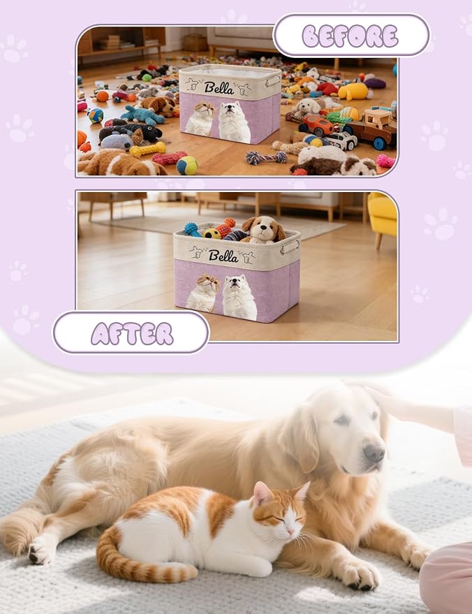 Personalized Dog Toy Storage Basket Bin with Pet's Name & Photo, Custom Collapsible Rectangular Organizer for Dog Cat Toys, Clothes, Blankets & Pet Supplies (Purple)