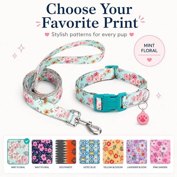 Floral Matching Dog Collar and Leash Set with AirTag Holder-Lily Daisy/M | Anti-Lost,Adjustable Durable Pet Collar Leash Combo for Medium Boy Girl Dogs,for Outdoor Walking Hiking Training Running