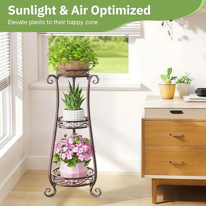 KMOTASUO 3 Tier Metal Plant Stand Tall for Indoor Outdoor Corner, Bronze | Heavy Duty Flower Holder Rack, Modern Vertical Iron Shelf for Patio Bathroom Office Garden
