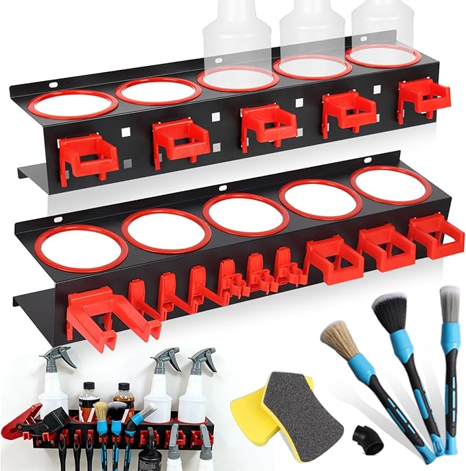 Spray Bottle Holder Wall Mount, 22Pcs Car Detailing Bottle Holder Rack Set | Heavy-Duty Detailing Organizer with Clips Hooks Brushes, Garage Van Workshop Steel Rack for Aerosol Cans, Van, Workshop Tool
