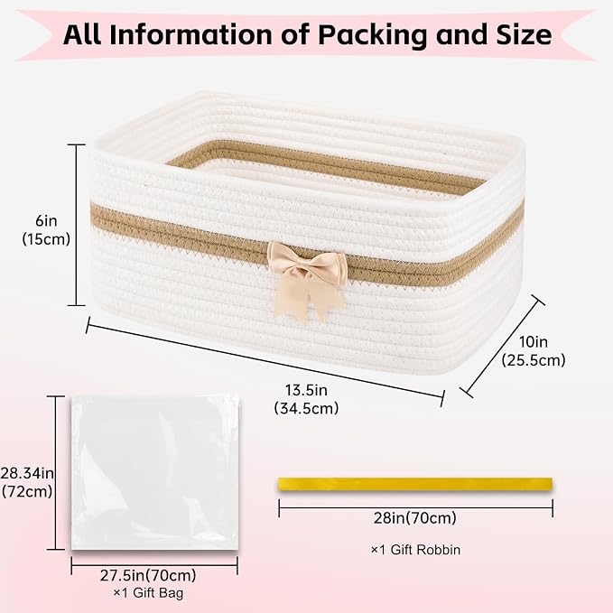 OIAHOMY Large Woven Storage Basket with Handles for Nursery Living Room Shelves, Bow Basket for Gifts Empty with Gift Bags and Ribbons for Baby Showers Pet Toy Bin - White