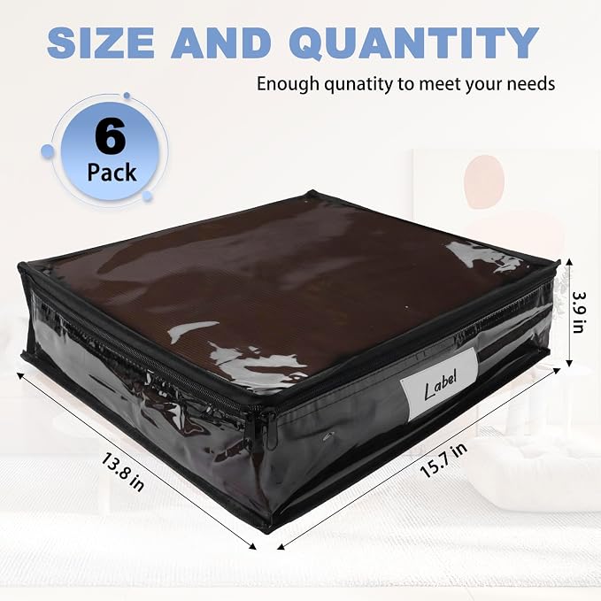 Clear Zippered Plastic Clothes Storage Bags, 6 Pack, Black | Clear Storage Bags with Zipper Plastic Storage Bags for Clothes Sweaters Blankets Sheets, Size: 15.7 x 13.8 x 3.9 Inch