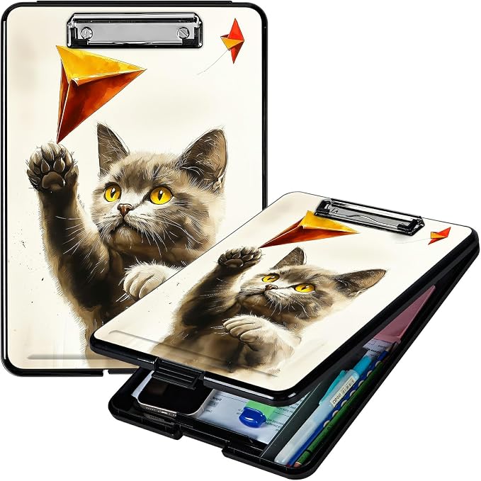 Heavy Duty Storage Clipboard, Slim Nursing Clipboard with Internal Pen Case, Portable File Organizer Case for A4 Letter Size Paper Office Medical Professionals, Gray Cat Painting