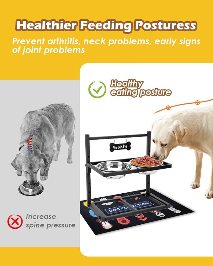 Elevated Dog Bowls with Slow Feeder & Mat, Adjusable Height Raised Dog Bowl Stand with 2 Stainless Steel 1200ML Bowl