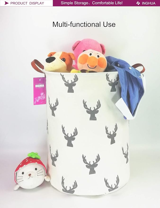 Laundry Hamper Large Canvas Fabric Storage Basket Grey deer | Organizer Bin Dirty Clothes Collapsible Waterproof for College Dorms, Boys and Girls Bedroom,Bathroom