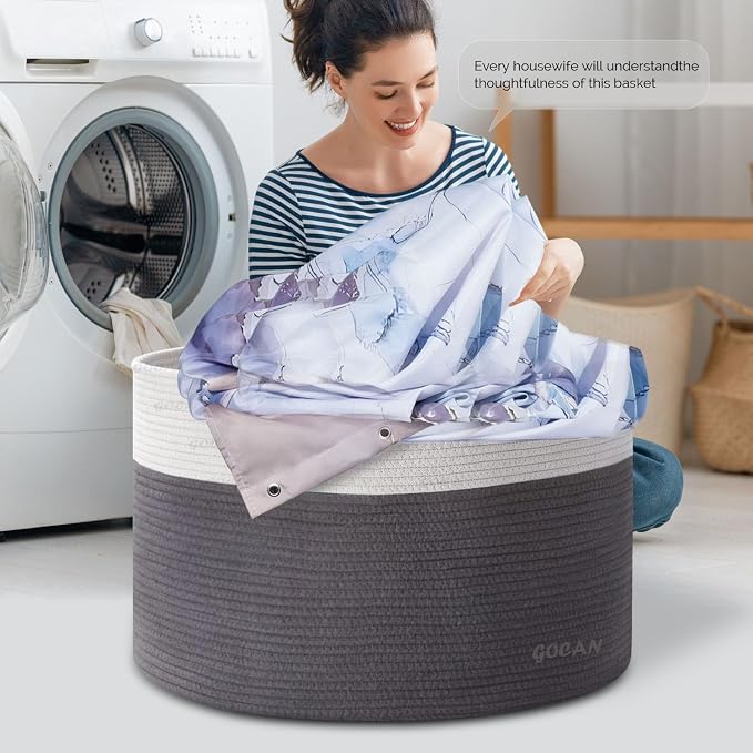 Cotton Rope Woven Laundry Basket 22"X 22"X 14" with handles(Grey/Beige)XXXL | Hand-woven, ideal for storing blankets and cushions in the living room, and clothes for household storage.