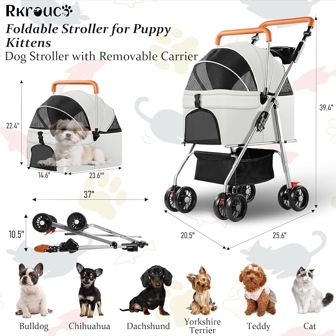 3 in 1 Pet Stroller for Dogs Cats Foldable Jogger with Detachable Carrier