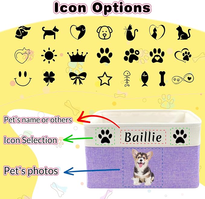 Personalized Dog Toy Storage Basket with Photo Name | Custom Dog Food Organizer Fabric Bins for Clothes Blankets Dolls-Brown