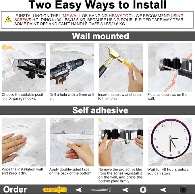 2 Packs 5 Racks and 4 Hooks Mop and Broom Holder Wall Mount | SUS304 Heavy Duty Self Adhesive Solid Non-slip Broom Organizer Storage Tool Racks, for Home Kitchen Garden Laundry Garage