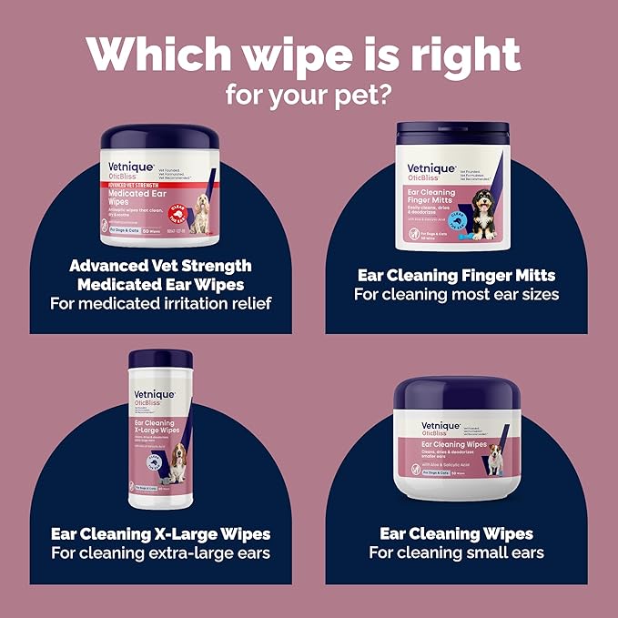 Vetnique Oticbliss Cat & Dog Ear Wipes - Dog Ear Infection Wipes or Dog Ear Cleaner Wipes for Dirty, Waxy, Smelly Ears, Odor Control with Aloe Vera & Salicylic Acid (Fingermitt Ear Wipes (50ct))