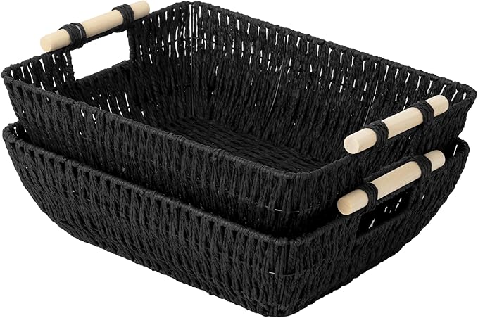 StorageWorks Large Wicker Storage Basket, Paper Rope Storage Baskets, Black | Wicker Storage Baskets for Shelves, Baskets with Wooden Handles, 2-Pack Gifts Basket for Home Decor, Hand-Woven Basket
