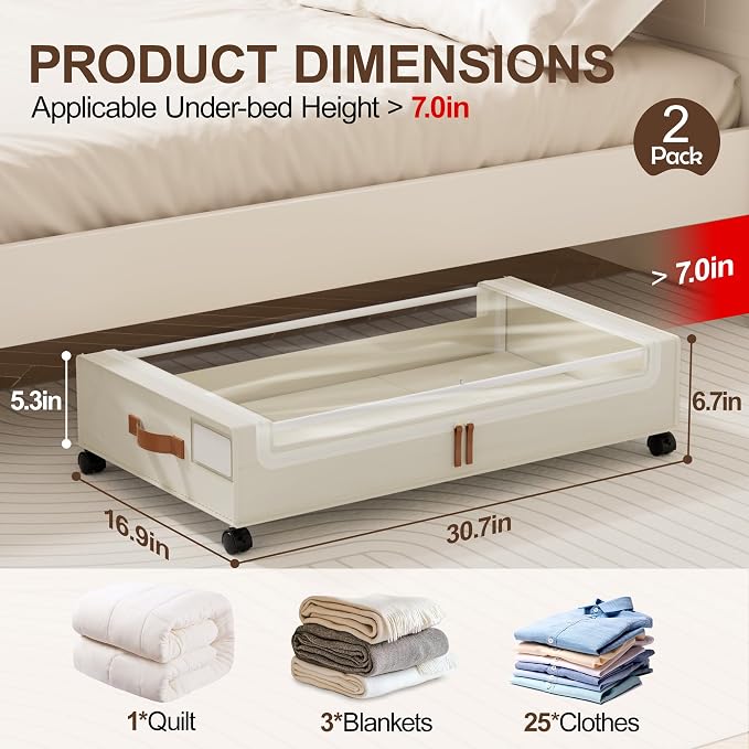 LAMU Under Bed Storage with Wheels, 2Pack Underbed Storage Containers,Beige | Smooth-rolling Wheels, Clear Lid & Label, Sturdy Metal Frame, Easy Install, Rolling Storage Drawers for Clothes, Shoes, Toys