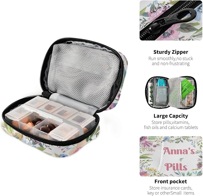 Custom Pill Box 7 Day Pill Case Bag Watercolor Flower Personalized Name Travel Pill Organizer Bag with Zipper Portable Weekly Case Compact Size for Vitamin Supplement Holder