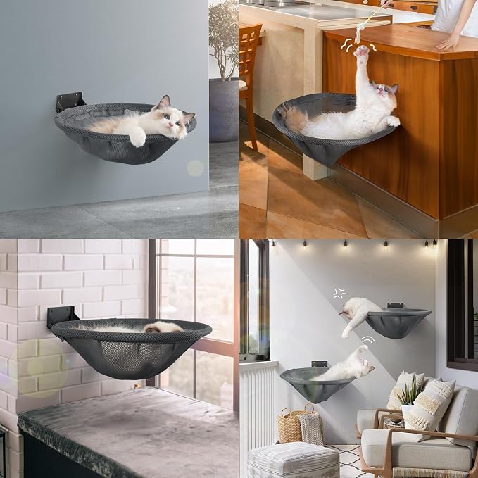 Cat Hammock Wall Mounted, Foldable & Stable Cat Beds- Breathable Cat Wall Shelves for Sleeping, Playing, Climbing, and Lounging - Maximum Hold Up to 30lb (Gray)