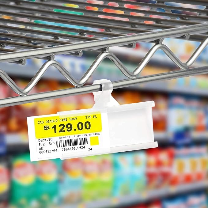 NuBliss Wire Shelf Label Holders, 1-1/4" x 3", Plastic, 100 Pack | Easy clip-on design; reusable; secure snap-lock grip; displays prices, UPCs and product info; retail and warehouse use