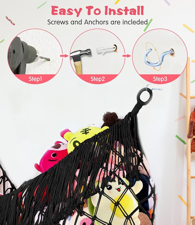 Stuffed Animal Hammock - Extra Large 63'' Long (Black) | Premium Cotton Hand-knitted, Beautiful Long Tassel, Storage Hanging Organizer, Can Fit Stuffed Animals 40 Piece or More