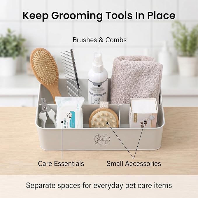 Dog Grooming Organizer Caddy, 4-Compartment Metal Pet Grooming Supplies Storage Bin with Handles, Pet Stuff Holder for Brushes, Clippers, Scissors, Combs, Cat Dog Grooming Kit-White