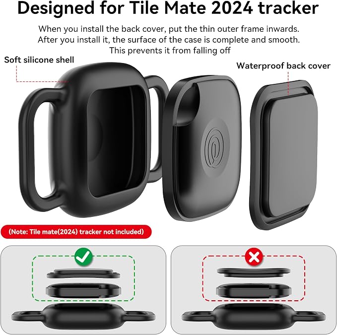 DDJ Waterproof Dog Collar Holder for Life360 Tile Mate Tracker, 2-Pack Durable Silicone Cover, Anti Lost for Life 360 Tile Tracker Case for Cat & pet Collars, Easy Installation, Black+Pink