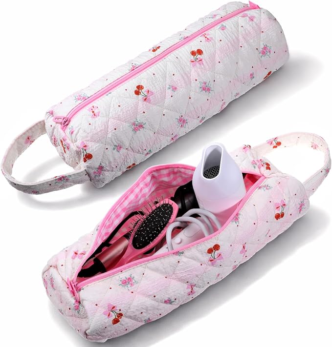 JJUNW 1 Pc Hair Tools Organizer Bag with Bow Pattern, Travel Bag Quilted Cosmetics Toiletry Organizer, Portable Pink Haircare Accessories for Curling Irons, Flat Irons, Hair Dryers Tools(Type 1)
