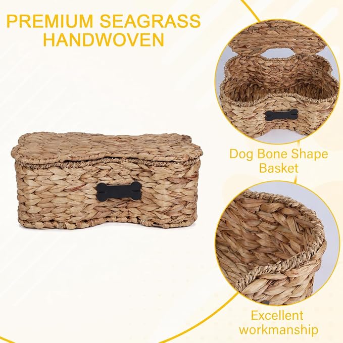 Pethiy Dog Toy Basket with Lid, Woven Water Hyacinth Pet Toy Storage, Seagrass Edge Dog Toys Organizer Bone Shape Basket Toy Box for Dogs Bone Shaped Basket