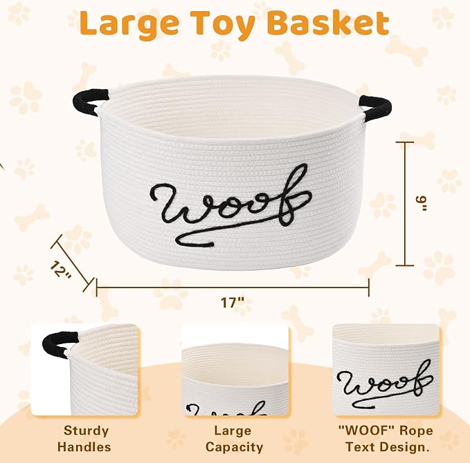 Woof Dog Toy Basket, Large Dog Toy Storage Bin with Durable Handles, Woven Dog Basket for Blankets, Toys, Chews, Pet Toy Storage Box for Nursery, Living Room, Bedroom, 17”x12”x9, White