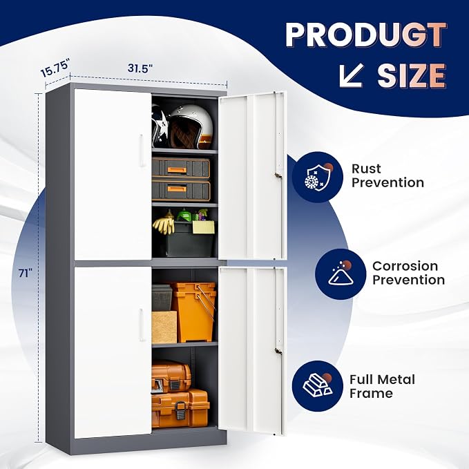 Metal Storage Locking Cabinet with 4 Doors and 2 Adjustable Shelves,71" Lockable Garage Tall Steel Cabinet,for Home Office,Living Room,Pantry,Gym,Commercial Storage (Gray White)