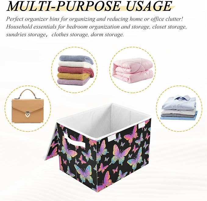 Butterfly Storage Bin Foldable Collapsible Fabric with Lid Handles 40L | Decorative Storage Boxes, 300D Oxford Cloth, Hollow Board Frame, Flip Top Velcro Lid, 16.5x12.6x11.8 inch, Collapsible Design