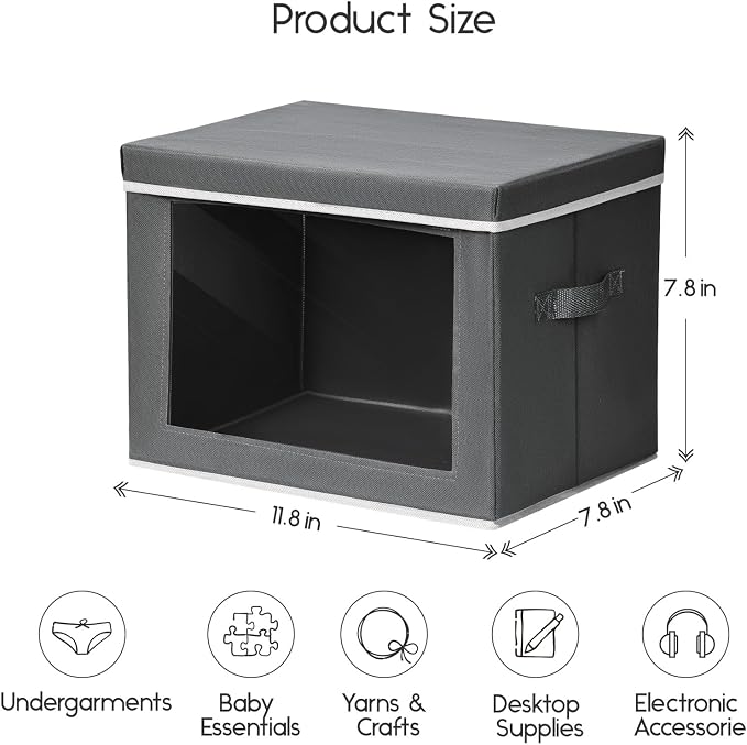 Storage Bins with Lids - Small Fabric Organizers with Window, Collapsible Storage Bins for Clothes, Decorative Closet Organizers for Towels, Tshirt, 4 Pack, Dark Grey
