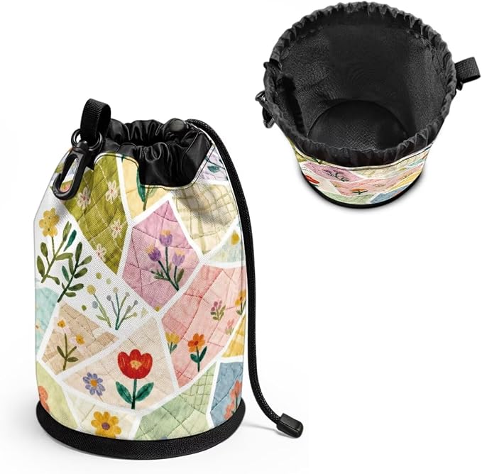 Clothespin Bag Holder Outside, Patchwork Floral Print Multiple Hanging Methods Clothes Pin Bag with Drawstring Closure, Large-Capacity Clothespin Storage Organizer with Hooks