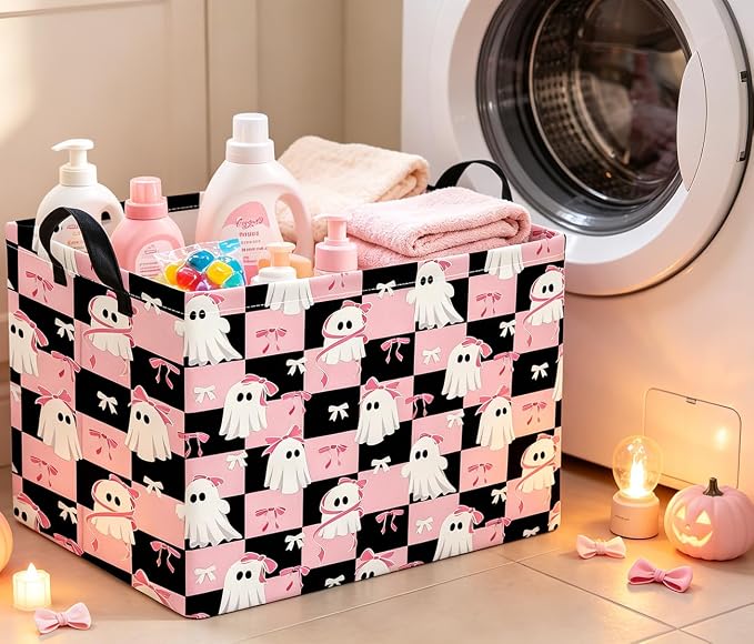 Rectangle Storage Basket with Handles,Collapsible Storage Bin,Gift Basket(Pink Check Halloween)