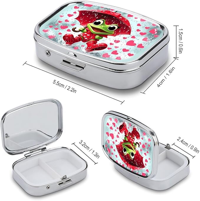 Frog Playing in The Rain Durable Metal Pill Case for Daily Use, 2 Slot Medicine Box Organizer,Leak Proof Travel Pill Container for Vitamins, Compact Pocket Medicine Holder for Seniors,Holiday Gift