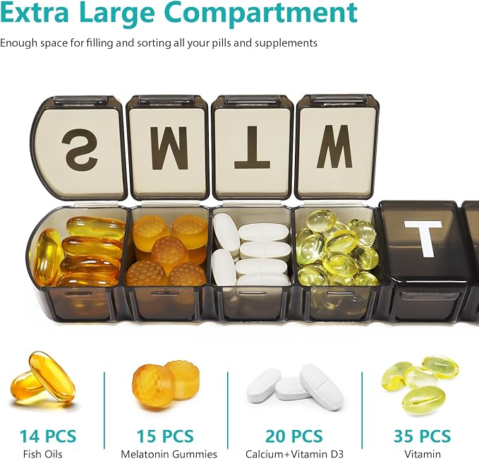 XL Weekly Pill Box Organizer 7 Day, 1 Week Jumbo Pill Dispenser Case One Time a Day, MOLN HYMY Daily Medicine Container to Hold Medication, Vitamins, Fish Oils and Supplement (Black