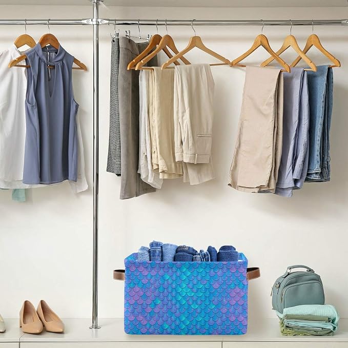 Blue Mermaid Scale Storage Baskets,Decorative Collapsible Rectangular Canvas Fabric Storage Bin for Home