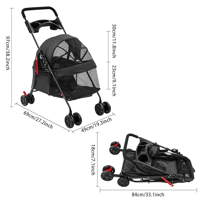 Foldable Pet Cart for Small Dogs and Cats, Lightweight Travel Pet Stroller with 360° Wheels, 40lbs Capacity Portable Dog Cat Carrier on Wheels, Foldable for Car Trunk, Black