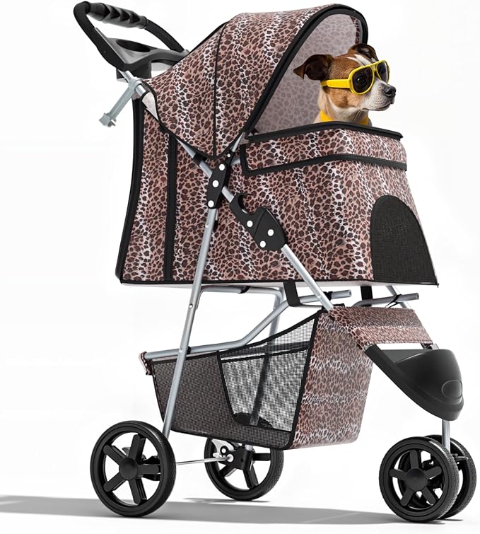 Magshion 3-Wheel Pet Stroller for Small/Medium Dogs & Cats, Up to 33lbs | Foldable Travel Jogger w/ Breathable Mesh Cover, Lightweight Design, Safety Tethers, Cup Holder & Storage Basket