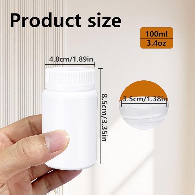 ASEVAT 8 Pack 3.4 oz Travel Pill Bottles - White Food Grade Plastic with Screw Caps & Labels, Small Pill Organizer for Pills, Vitamins, Capsules