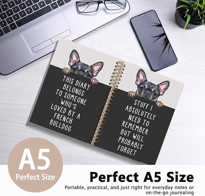 LIANGW Funny French Bulldog Notebook Journal Gifts for Women & Men | Frenchie Gifts for Women, for Coworkers, Hardcover Spiral Notebook 5.5x8.3 Inch