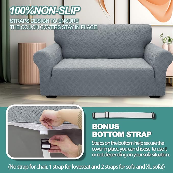 YEMYHOM Couch Cover Latest Jacquard Design High Stretch Sofa Chair Covers for Living Room, Pet Dog Cat Proof Armchair Slipcover Non Slip Elastic Furniture Protector (Small, Leaf Pattern Light Gray)