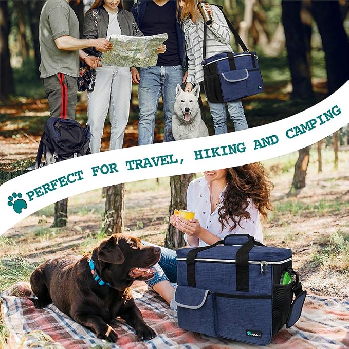 PetAmi Dog Travel Bag Organizer, Pet Supplies Diaper Tote, Navy Blue Large | Pet Travel Kit with 2 Food Containers & 2 Collapsible Dog Bowls, Luggage Sleeve, Weekend Getaway Road Trip Camping Essentials