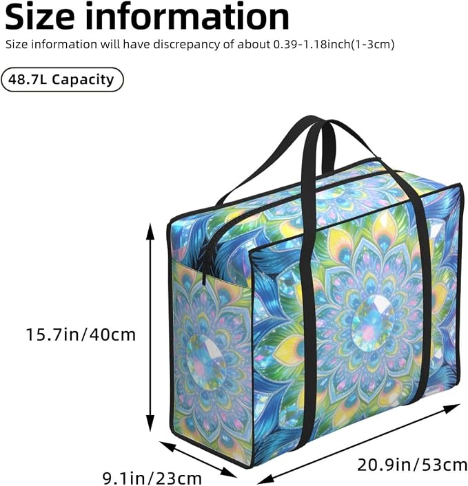 48.7L Sturdy Moving Bags Peacock Feather Mandala Boho Print, Collapsible Oxford Fabric Storage Organizer Bags with Comfortable Handles for Travel