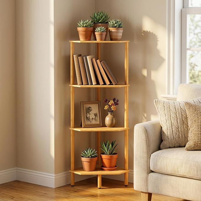 Corner Shelf Stand, 4 Tier Bamboo Corner Organizer, Narrow Tall Bookcase, Corner Shower Caddy, Plant Display Shelf, Open Storage Shelves for Living Room, Kitchen, Office, Balcony, Bathroom