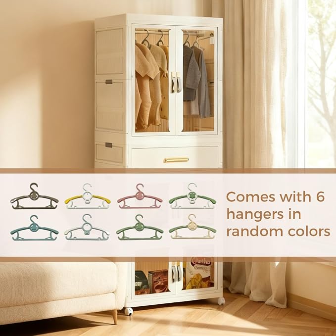 Portable Storage Closet Cabinet, Easy Assembly Wardrobe Organizer with Visualization Doors, Drawers, Hanging Rods, Rolling Wheels for Pet Dog Clothes, Toys