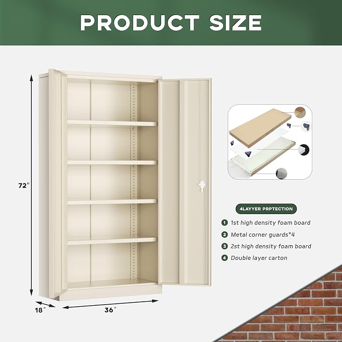 Greenvelly 72" Metal Storage Cabinet with Locking Doors and 4 Adjustable Shelves, Lockable Steel Cabinet for Home Office, Garage, Shop, School (Grey 36" W x 18" D)