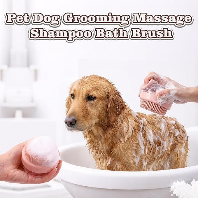 2 Pcs Dog Bath Brush, 2 in 1 Dog Grooming Brush with Built-in Shampoo Dispenser, Pet Grooming Massage Shampoo Bath Brush Soft Silicone Bristle for Long Short Haired Dogs Cats Shower-Pink