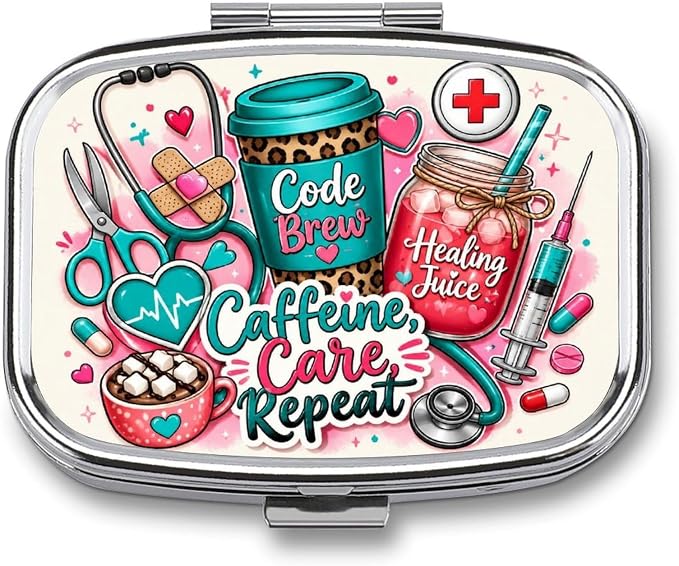 Cute Coffee and Care Collection Two Compartment Pill Box Medicine Organizer, Portable Pill Case with Secure Snap Closure for Vitamins Medication Supplements Daily Use