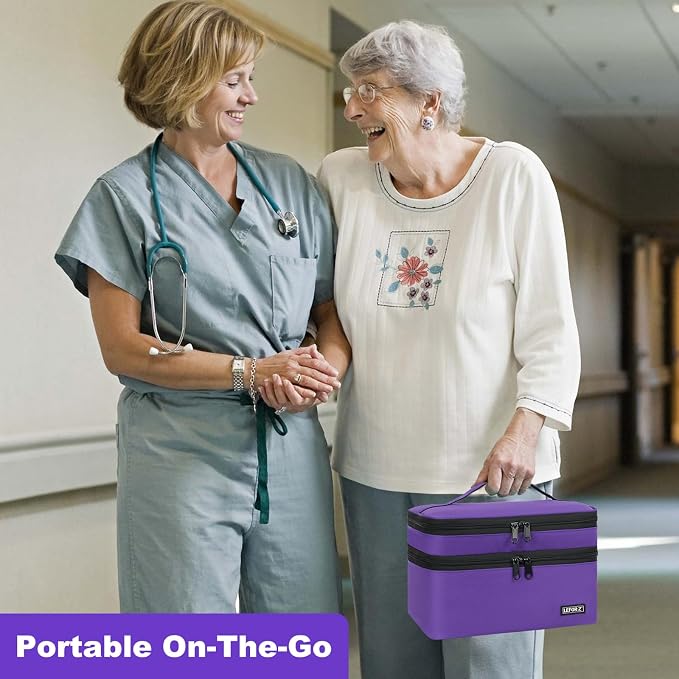 LEFOR·Z Medicine Storage Bag,Double Layers Pill Bottle Organizer Bag Empty | Medical Supplies Bag with Lockable Zipper & Adjustable Divider,Medication Travel Carrying Bag for Pills,Vitamins,Purple