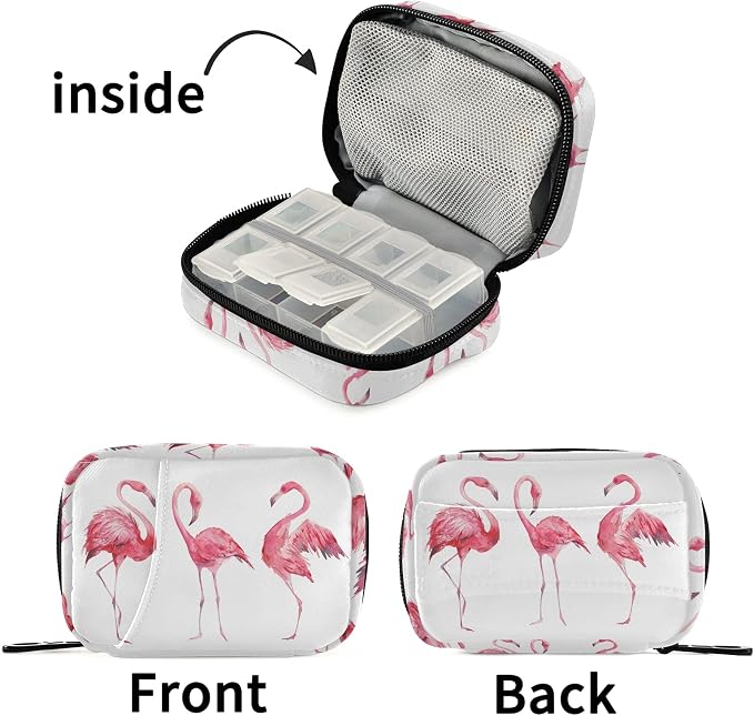 Watercolor Flamingos Pill Box 7 Day Pill Case Travel Pill Organizer Bag with Zipper Portable Weekly Case Compact Size for Vitamin Supplement Holder