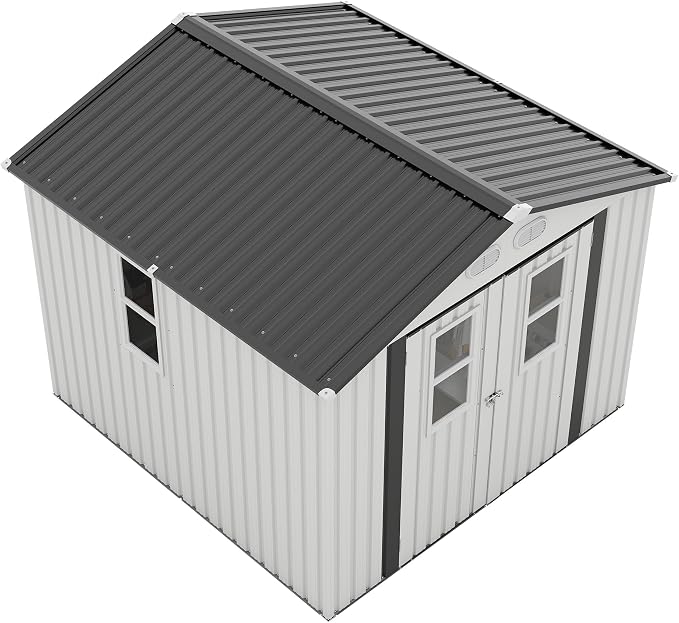 8x8 FT Outdoor Storage Shed, Metal Storage Shed with 4 Windows & Lockable Double Doors, Heavy-Duty Storage Tool Shed with Protective Film for Backyard Garden, White